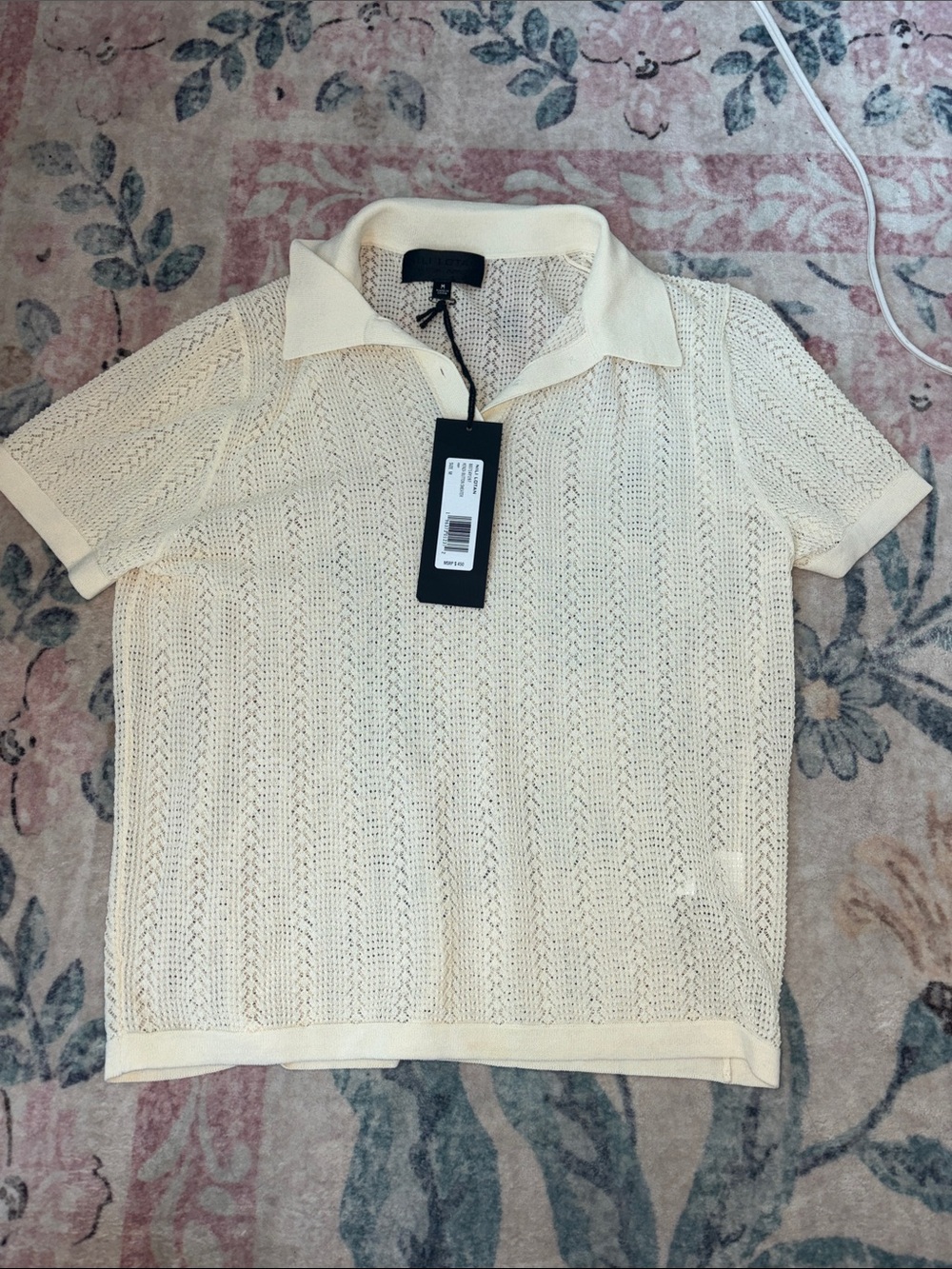 Nili Lotan Cream Open-Knit Short Sleeve Polo
